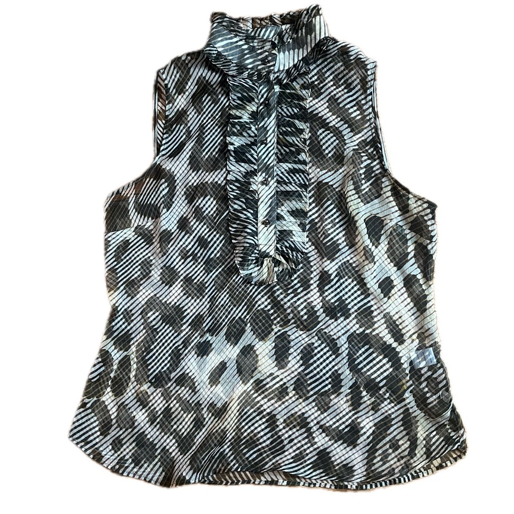 New York & Company Black and White Sleeveless Ruffle Neck Blouse
